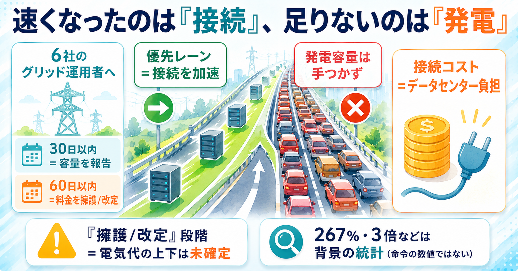米FERC、AIデータセンターを送電網接続の「優先レーン」に。全会一致で命令、ただし『電気が足りない』問題は手つかず インフォグラフ