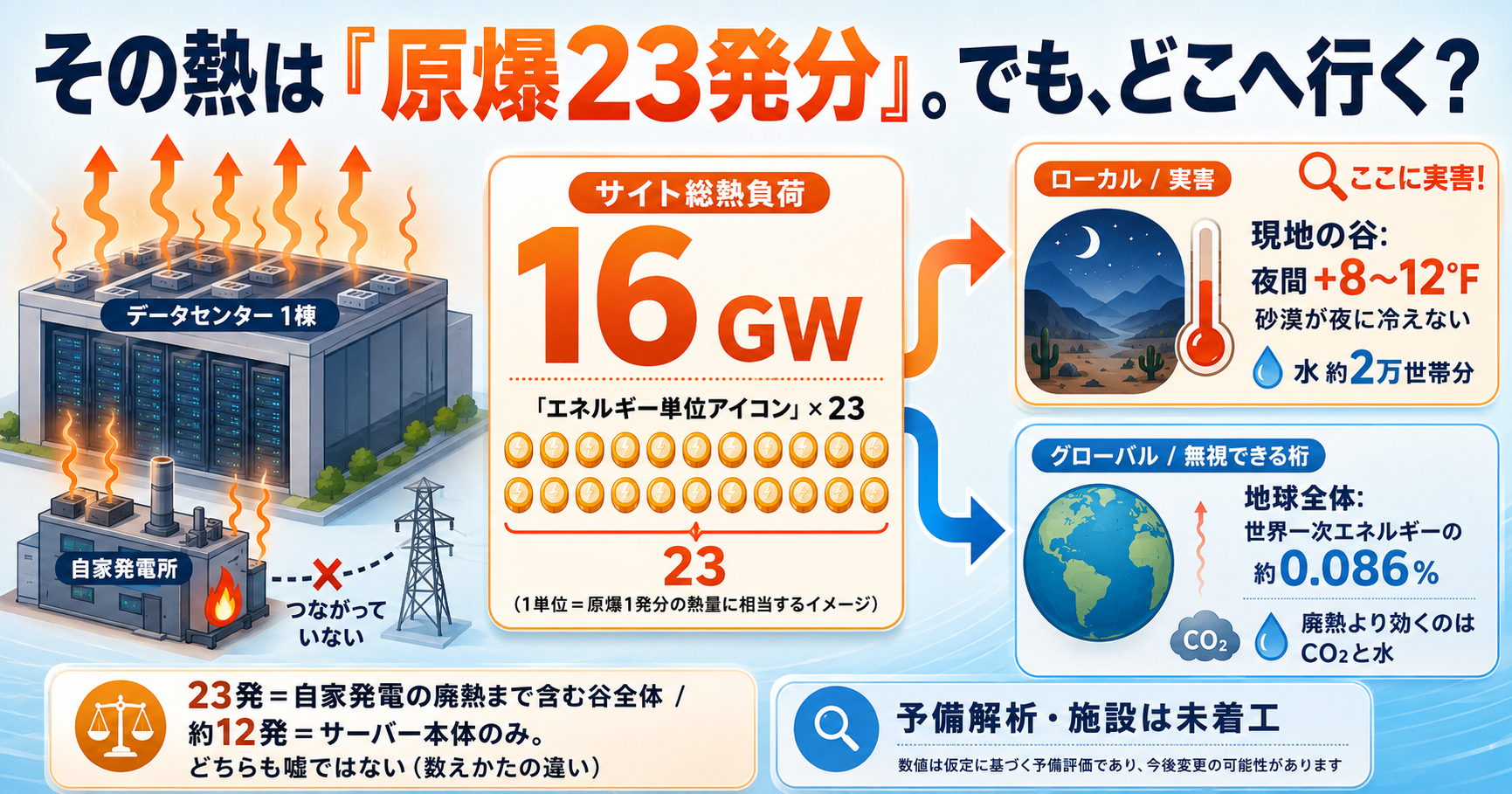 AIデータセンターの熱は「原爆23発分/日」は本当か。試算を検算し、その熱が実際にどこへ行くのかを考える【2026年6月】 インフォグラフ