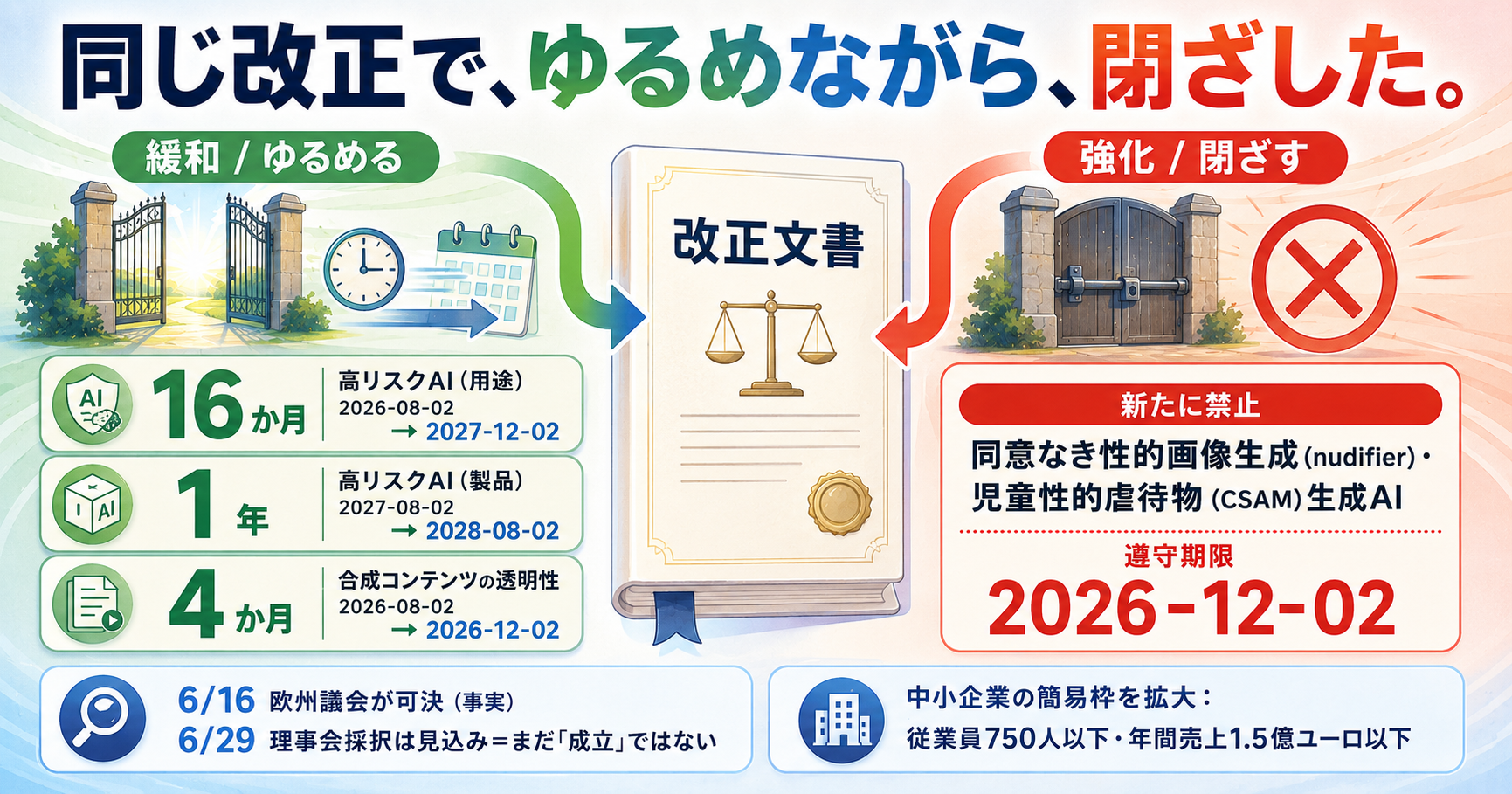 EUがAIルールを書き直した。高リスクの締切は延び、同意なく人を裸にするAIは名指し禁止に：緩和と強化が同じ改正で同居【2026年6月】 インフォグラフ