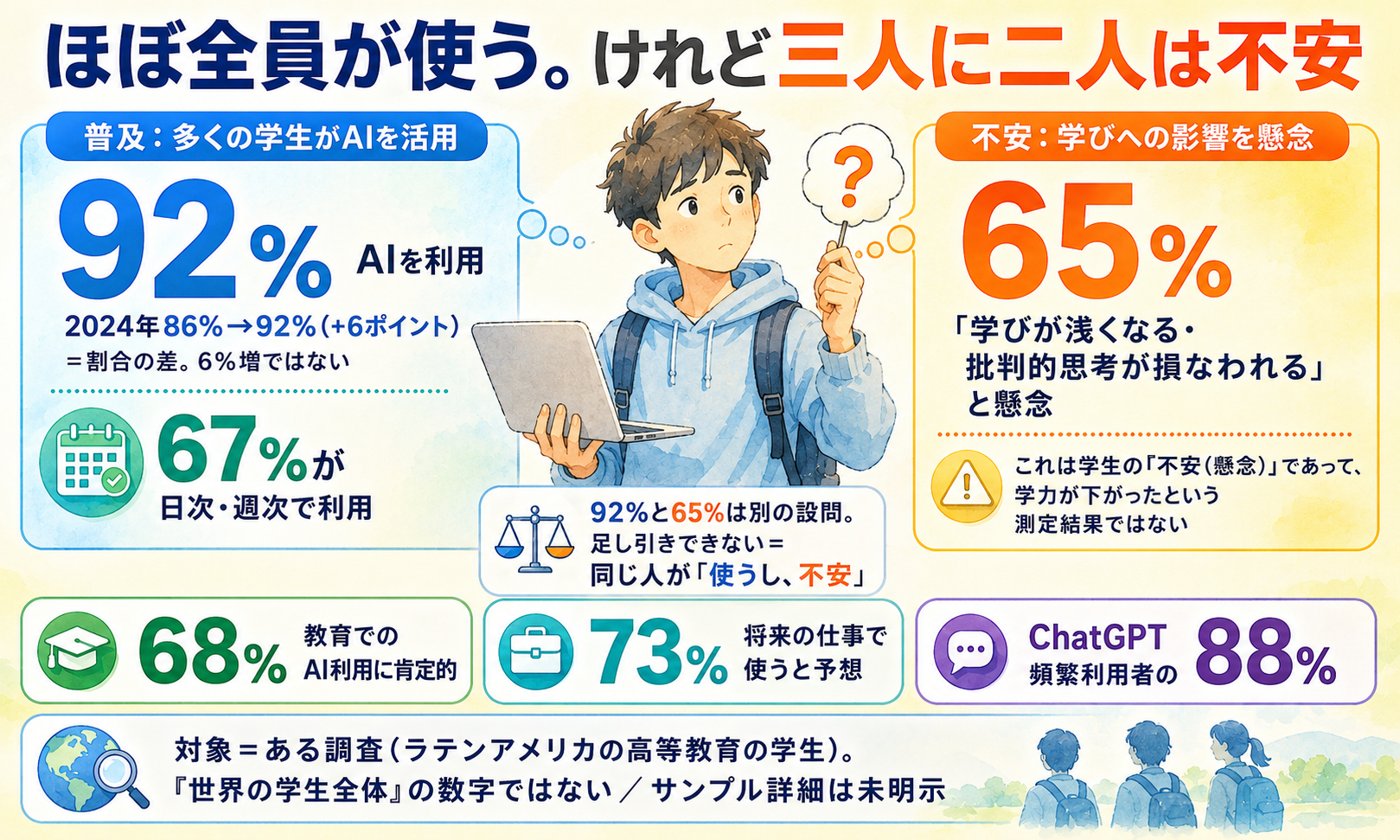学生の92%がAIを使い、65%が「学びが浅くなる」と不安。ある調査が映す「使えるけど自信はない」【2026年6月】 インフォグラフ
