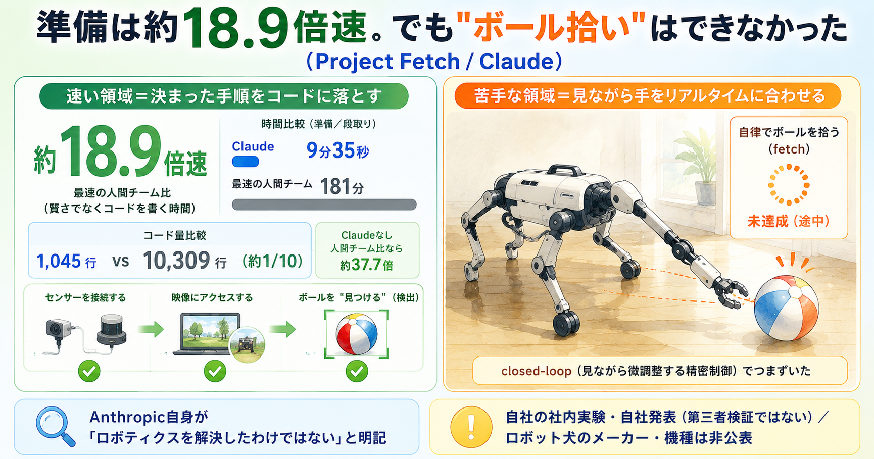 AIがロボット犬を「最速の人間チーム比 約20倍速」でセットアップした。ただし肝心の「ボールを拾う」は失敗：速い領域と苦手な領域の境界【2026年6月】 インフォグラフ