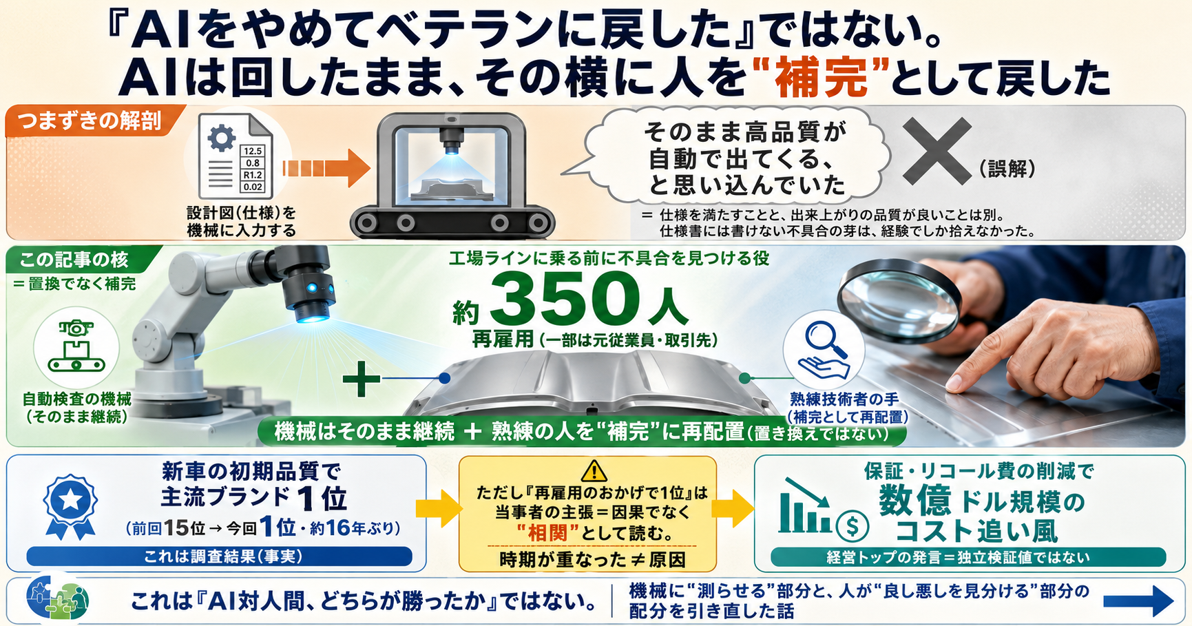 Ford が「AIに設計要件を入れれば高品質が出る」という前提でつまずき、ベテラン技術者を約350人再雇用。ただしAI廃止ではなく人による補完へ:J.D.パワー初の品質1位との因果はFord自身の主張【2026年6月】 インフォグラフ