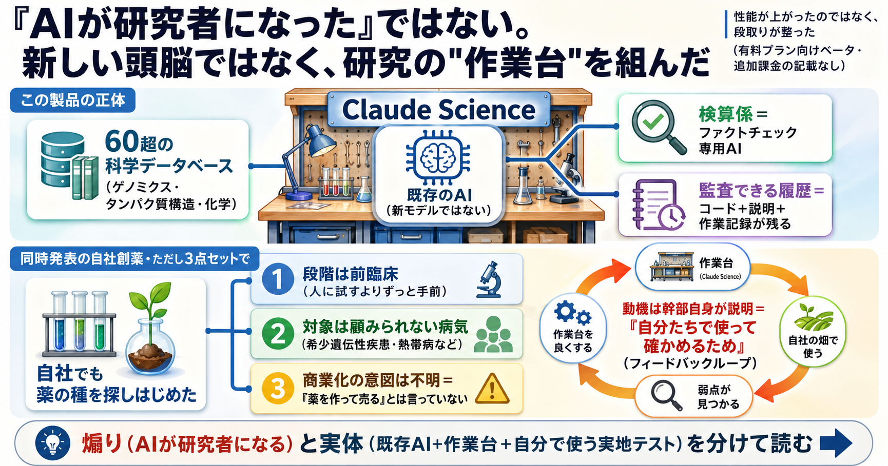 Anthropicが研究の作業台「Claude Science」を発表。新しいAIモデルではなくワークフロー製品、同時に自社でも前臨床の創薬を開始:狙いは現場のフィードバックと幹部自身が語る【2026年6月】 インフォグラフ